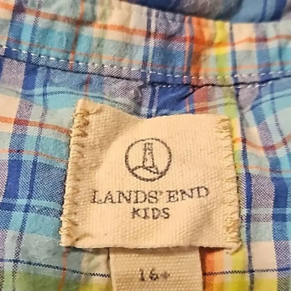 Lands' End Kids Girls Plaid Button-Up Shirt with Ruffle Collar - Size 16